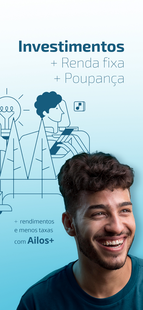 Ailos plus app marketing screen for fixed income and savings investments featuring a smiling man
