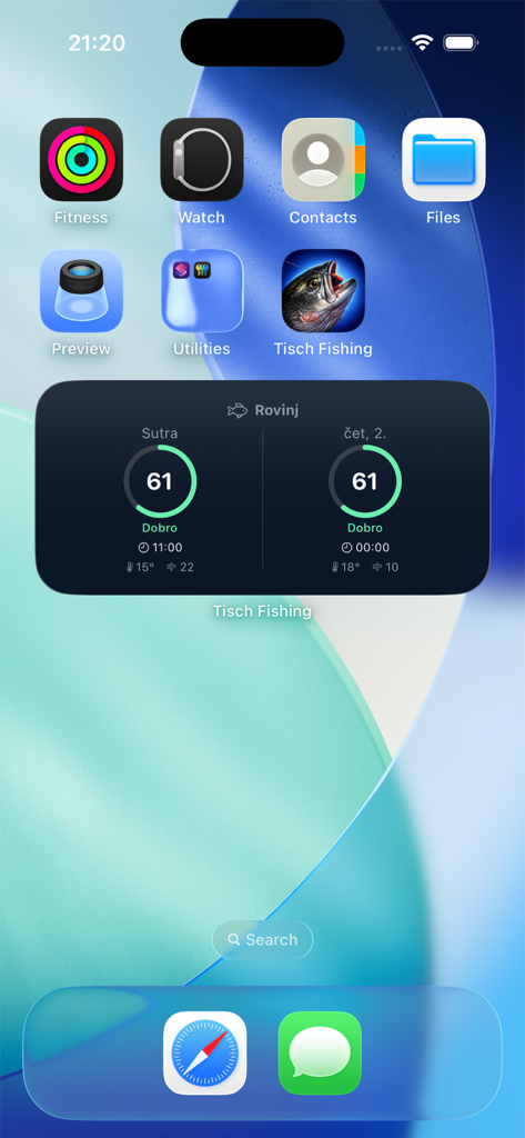 Tisch Fishing - iPhone-Startbildschirm mit dem Tisch Fishing App-Symbol und einem Widget, das Angel-Scores für Rovinj anzeigt