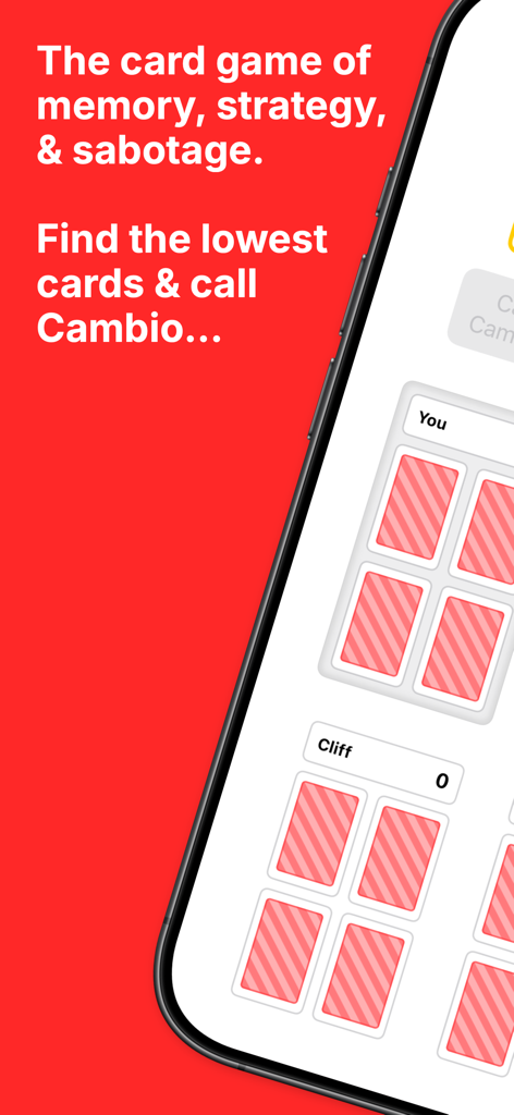 Cambio - Card Game - Cambio card game interface on a mobile phone with text describing it as a game of memory strategy and sabotage