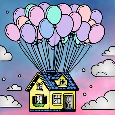 house floating from lots of balloons