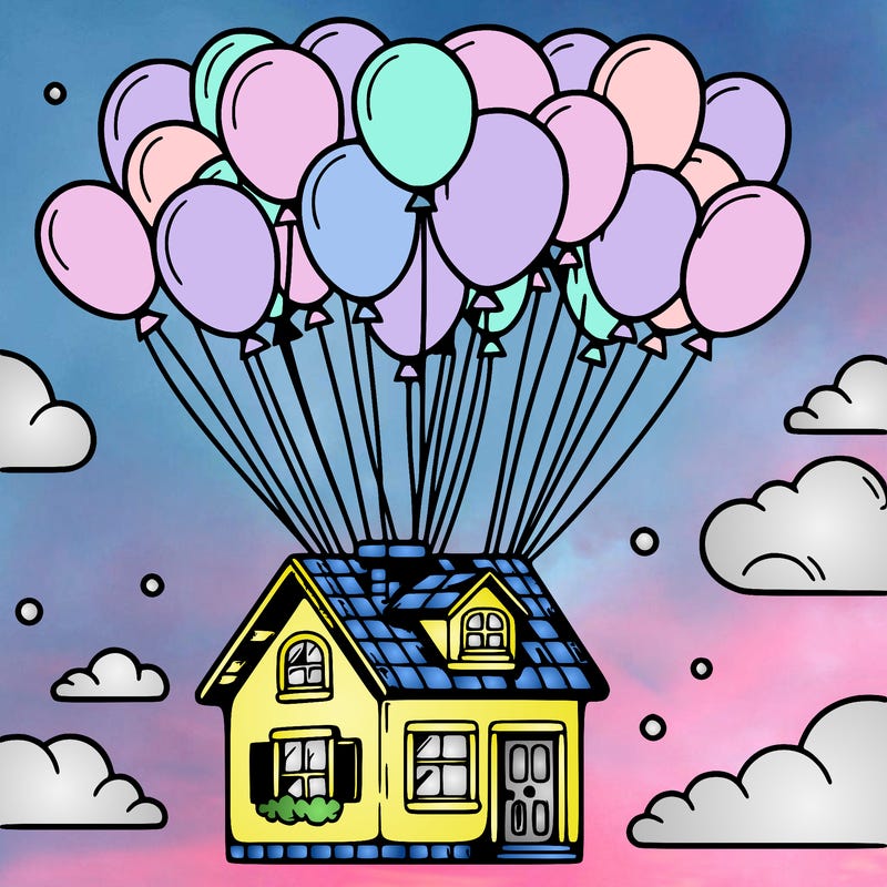 house floating from lots of balloons