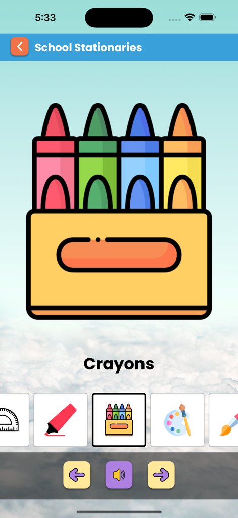 Eine Kiste mit bunten Buntstiften, die im Lernbereich für Schulbedarf der Kinder-Lern-App gezeigt wird