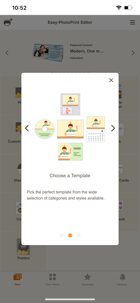 Easy-PhotoPrint Editor - Screen displaying template options for calendars, business cards, and photos in the Canon Easy-PhotoPrint Editor app.