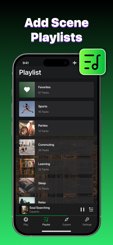 Offline Music Player,Spotubes - Interfaz de la aplicación Spotubes mostrando listas de reproducción basadas en escenas para deportes, fiestas y desplazamientos