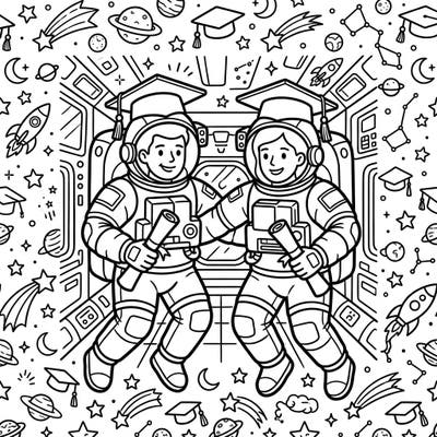 Prepare for an out-of-this-world coloring adventure with our ISS Astronaut Graduation page! Join two proud astronauts, decked in their spacesuits and graduation caps, as they celebrate their stellar achievement amidst a cosmic backdrop.