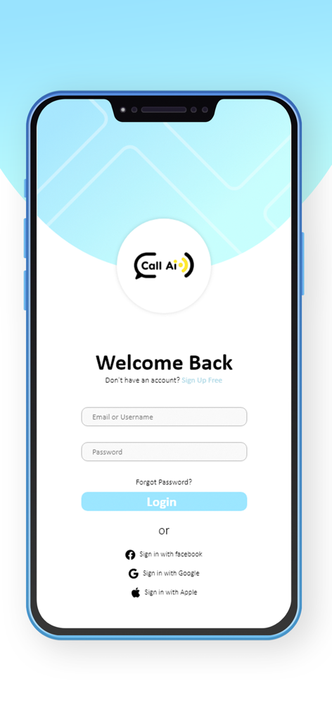 Call AI - Pantalla de inicio de sesión para la aplicación Call AI con campos de correo electrónico y contraseña, y botones de inicio de sesión social para Facebook, Google y Apple.
