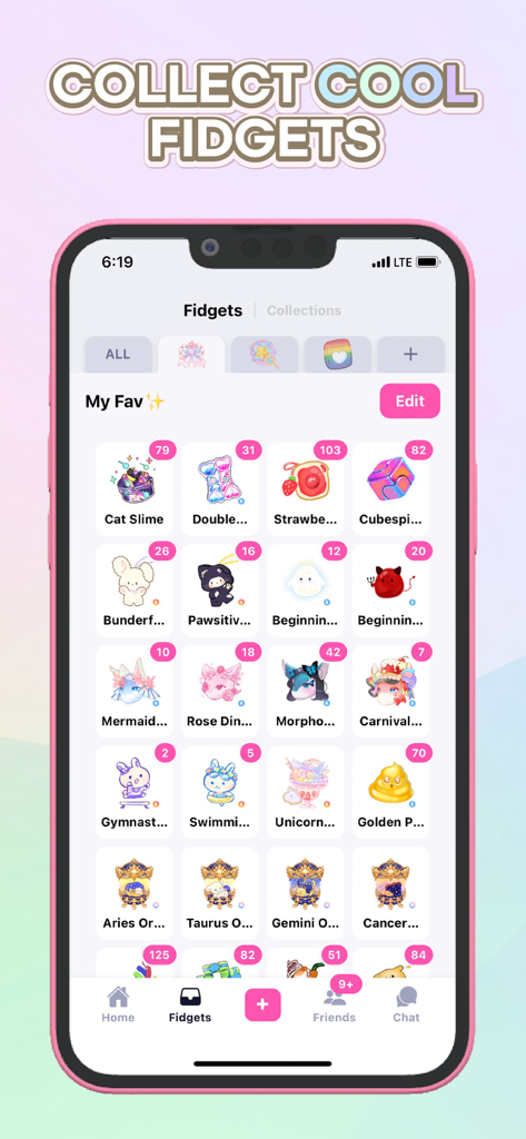 Interface of Fidget Town app displaying a grid of collected virtual fidget toys including slimes and cubes