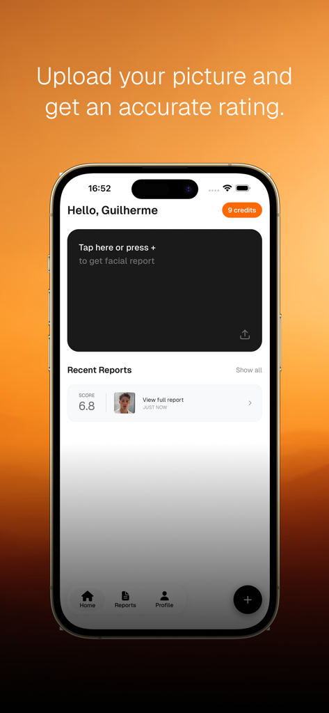 Areum - Pantalla de inicio de la aplicación Areum que muestra la sección de carga de fotos y una puntuación reciente de análisis facial