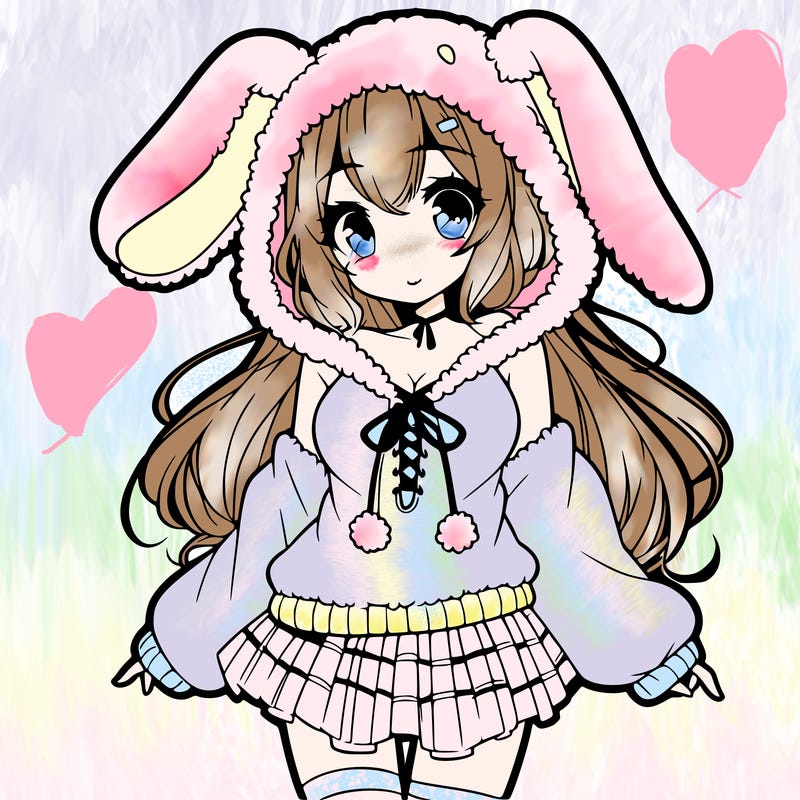 pretty anime girl wearing a fluffy hoodie with bunny ears on the hood and a skirt
