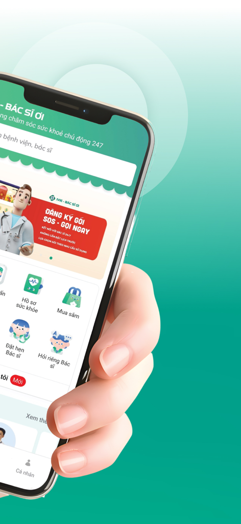 베트남어 의료 서비스가 포함된 IVIE Bác sĩ ơi 헬스케어 앱 인터페이스를 보여주는 스마트폰.