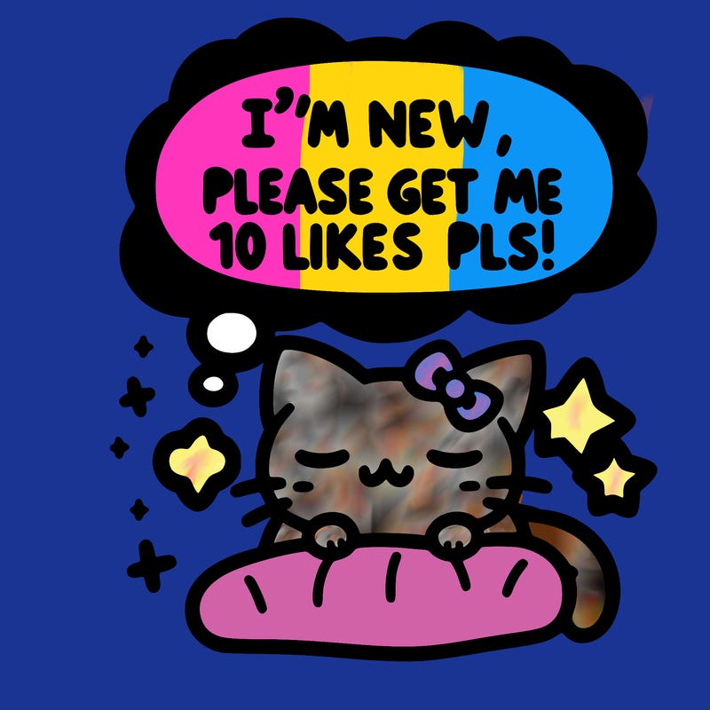 kitty taking a nap dream talking and saying "i'm new, please get me at least 10 likes pls!!"