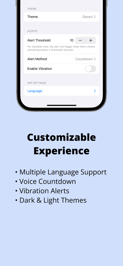 Game Clock Pro - Game Clock Pro app settings interface for themes and alert customization