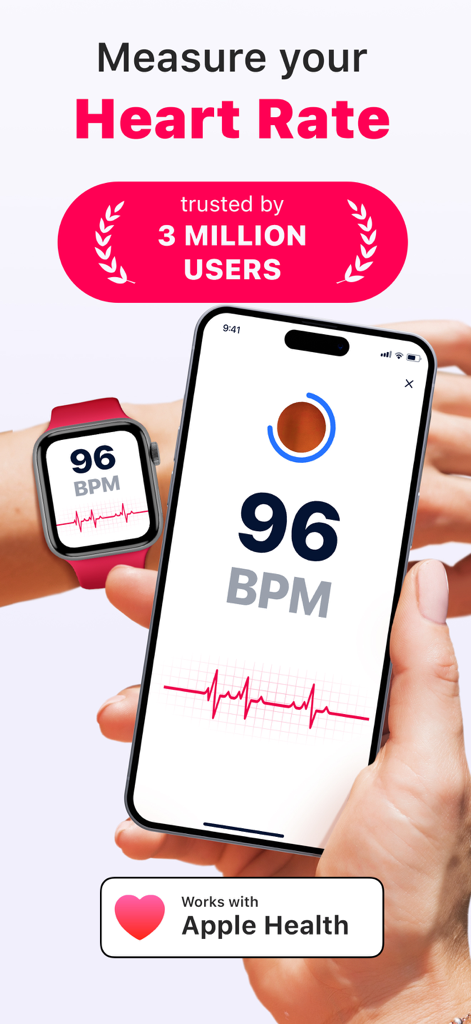 Cardi Mate app interface showing a heart rate measurement of 96 BPM on an iPhone and Apple Watch