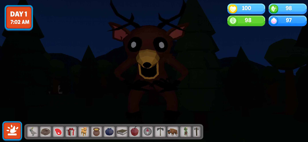 The Color 99 nights iN Forest - Creepy deer character in a dark forest survival game interface