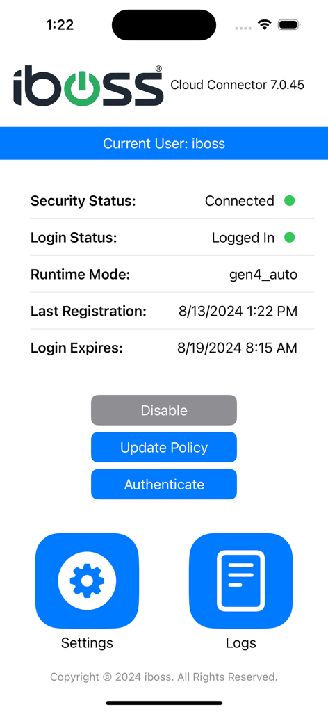 iboss Zero Trust Connector - iboss Zero Trust Connector app dashboard showing connected security status and login details