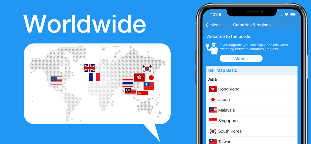 World Transit Maps app interface showing a list of supported countries and regions across a worldwide map illustration