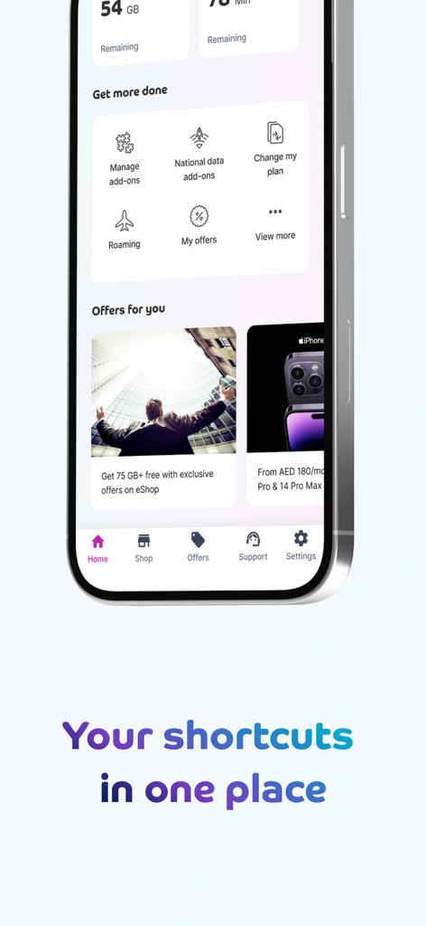 du - Interface do aplicativo du exibindo atalhos de conta para gerenciar saldo de dados, add-ons de roaming e alterações de plano móvel.