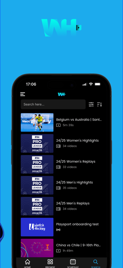 Watch Hockey - Search screen of the Watch Hockey app showing field hockey match highlights and replays from the FIH Pro League.