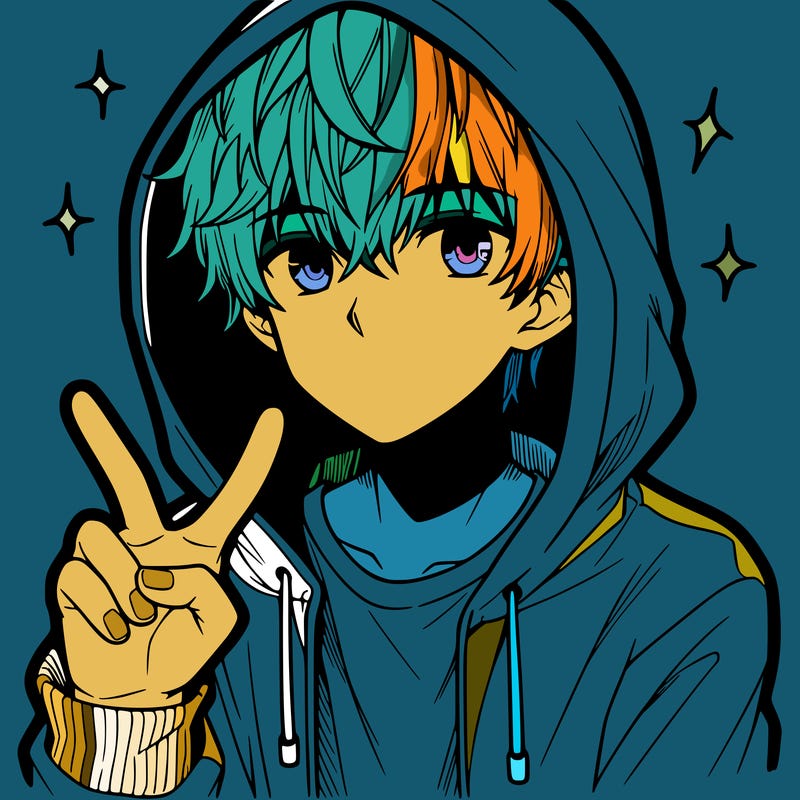 teenage manga boy in a hoodie, doing ✌