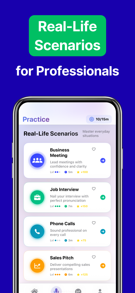 Screenshot der Accent AI App, der professionelle Sprechszenarien zeigt, darunter Geschäftsbesprechungen, Vorstellungsgespräche und Verkaufsgespräche.