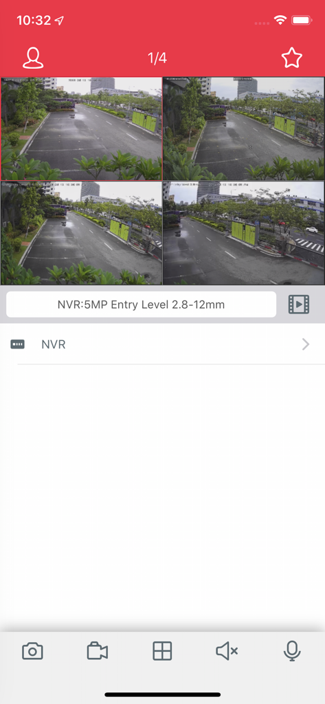 Bolide Quick Connect - Split screen view of four security camera feeds in the Bolide Quick Connect app showing a parking lot and building entrance