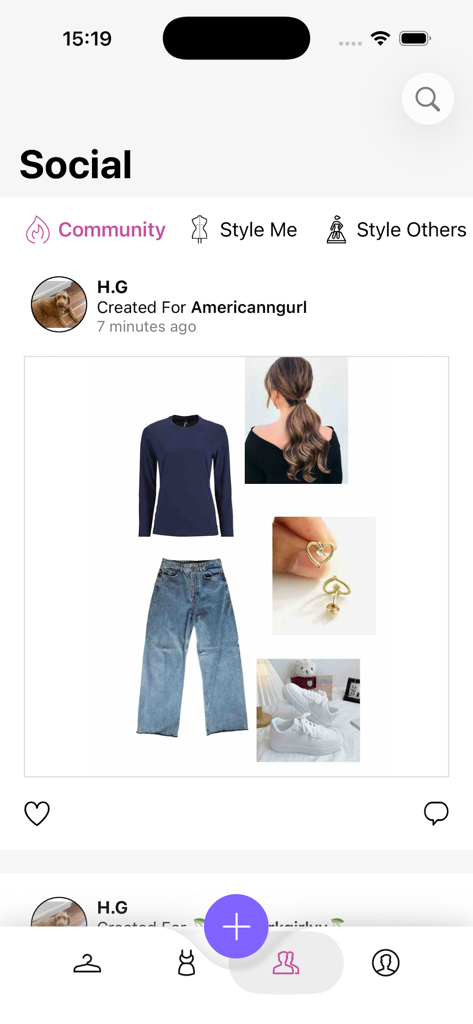 Schermata social dell'app Pureple che mostra un collage di outfit della community con un top blu scuro, jeans e sneakers bianche