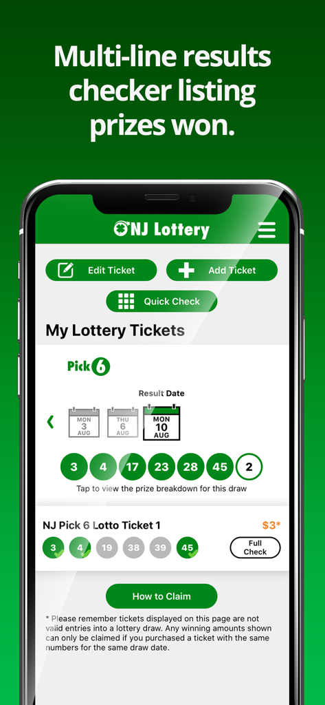 NJ Lottery app ticket checker screen showing Pick 6 results and prizes won