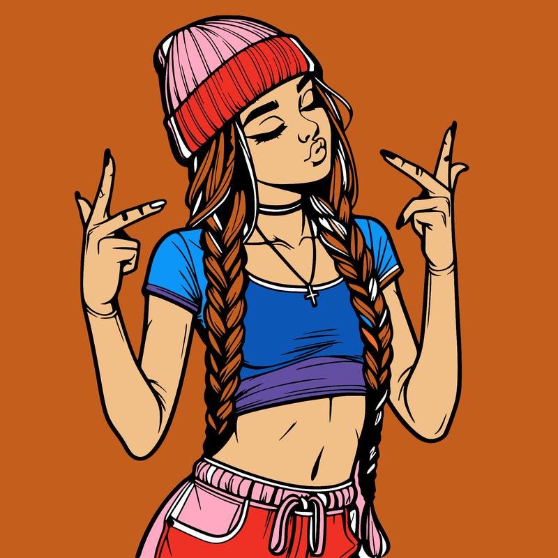 realistic teenage girl with braids and a beanie and crop top doing 🫶🏼