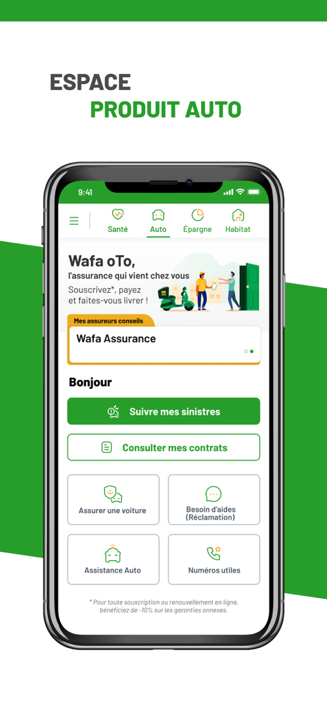 Mobile app interface of My Wafa Assur for managing car insurance and roadside assistance