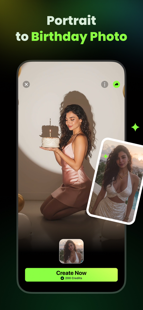 AI Catch: AI Video Generator - AI Catch app interface showing a portrait transformed into a professional birthday photo with a cake