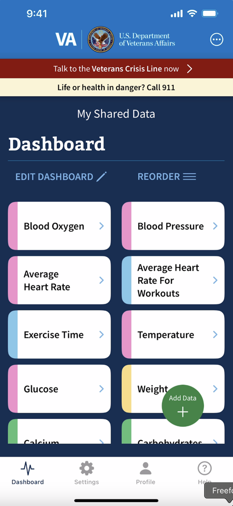 Share My Health Data - Dashboard screen of the VA Share My Health Data app displaying health metric tiles such as blood oxygen and blood pressure.