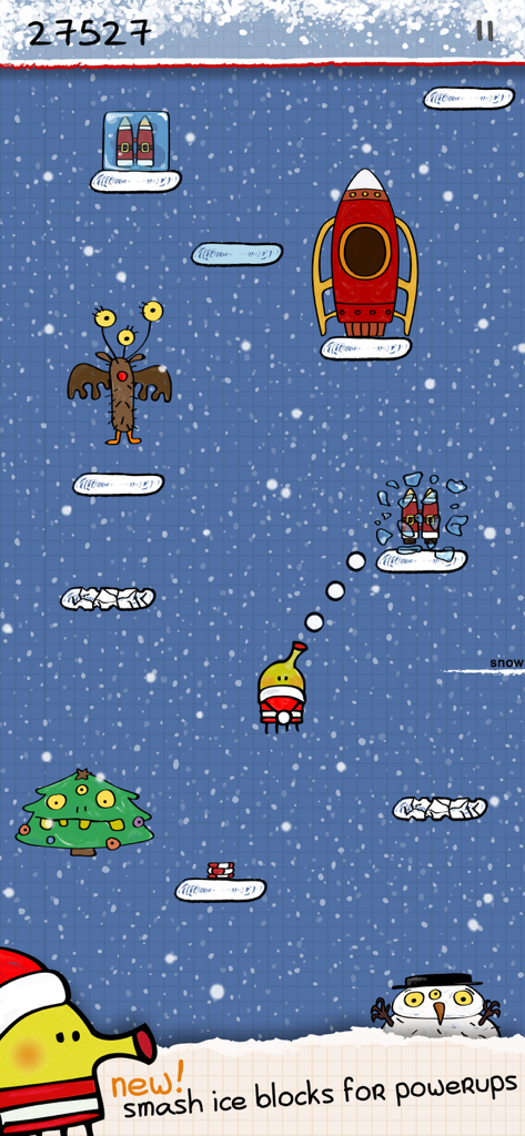 Doodle Jump Winter-Themen-Gameplay mit einer Figur im Weihnachtsmann-Outfit und fallendem Schnee