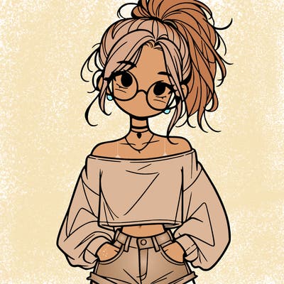 girl with a messy ponytail glasses a baggy crop top and jean shorts