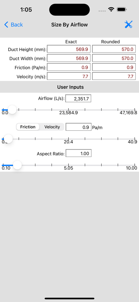 HVAC Duct Sizer - HVAC Duct Sizer mobile app interface showing the Size By Airflow calculation screen.