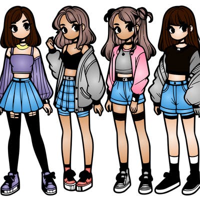 one girl with crop-top shirt and a jacket with a skirt, long socks and another girl with a shirt and pants with a jacket