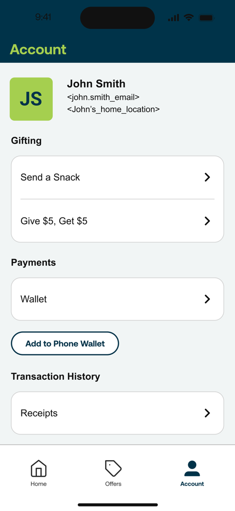 Connect & Pay - Oberfläche der Connect and Pay App, die die Kontoprofilseite mit Optionen für Geschenke und Transaktionshistorie anzeigt
