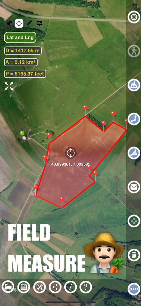 Planimeter GPS Area Measure - Planimeter app interface showing a farm field area and perimeter measurement on a satellite map
