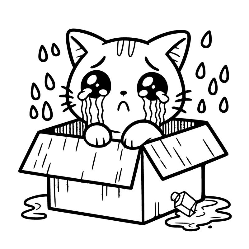 cat crying in a box and raining