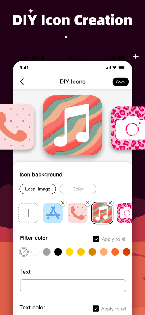 MyICON Changer – Icon Themer - A smartphone interface showing the DIY icon creation feature with various aesthetic backgrounds and color filters