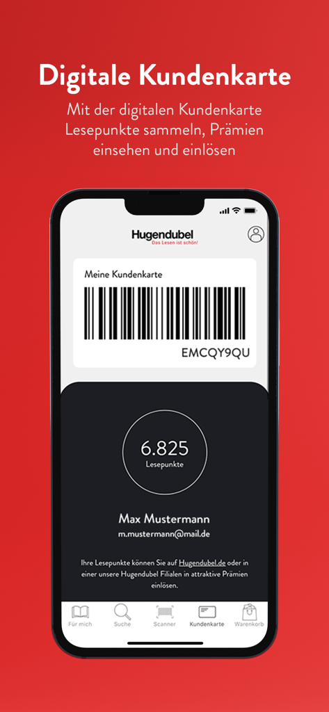 Hugendubel: Bücher & Buchtipps - Smartphone screen displaying the Hugendubel digital loyalty card with reward points and barcode