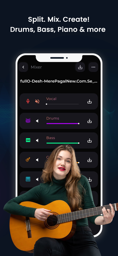 Mobile app interface of unMix showing AI music stem separation with a musician playing guitar.