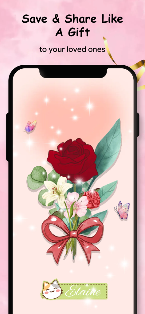 Flower Name: DIY Wallpaper - Um buquê digital personalizado em uma tela de smartphone com uma rosa vermelha, lírios brancos, borboletas e uma etiqueta com o nome Elaine.