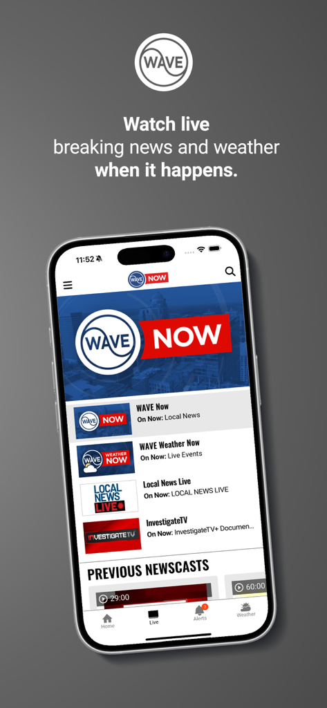 WAVE Local News - WAVE Local News mobile app interface showing live breaking news and weather stream options.