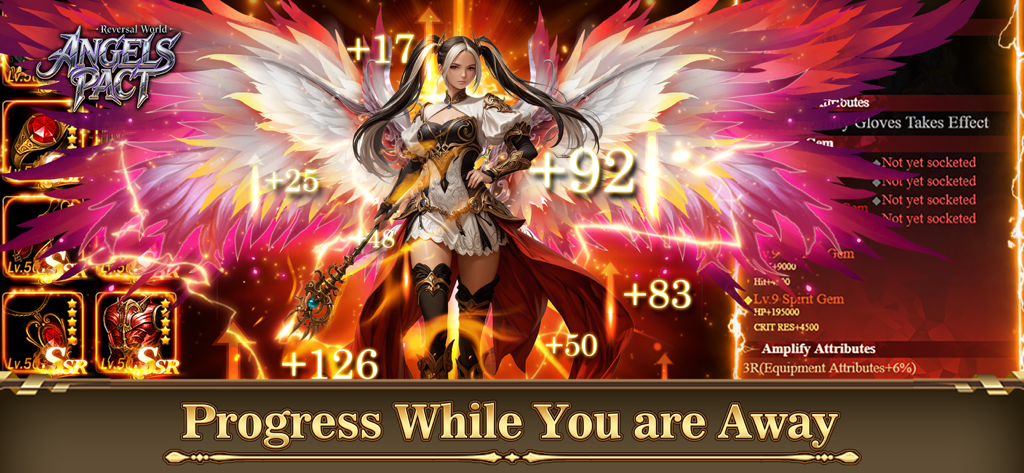 Angels Pact: Reversal World - Female angel character with large wings showing power stat increases and idle game progression