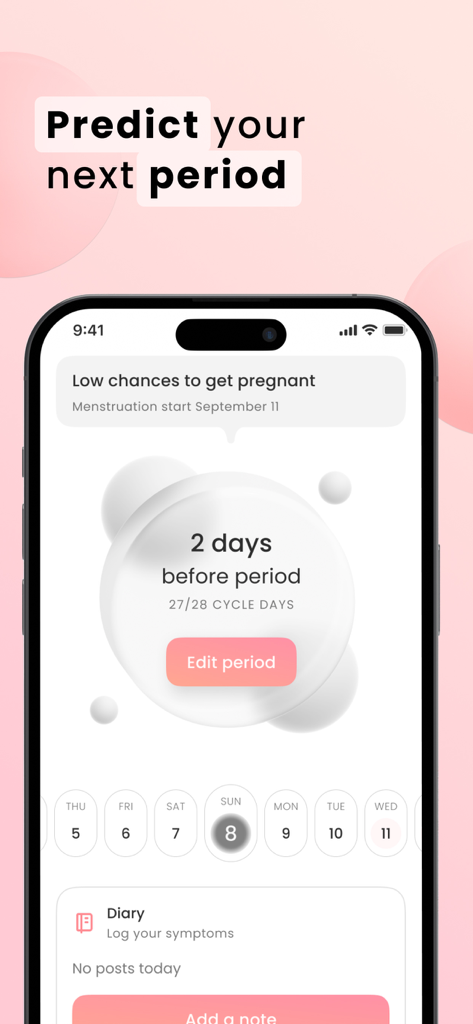 Interfaz de la aplicación Mooni que muestra predicción de período y cuenta regresiva del ciclo menstrual