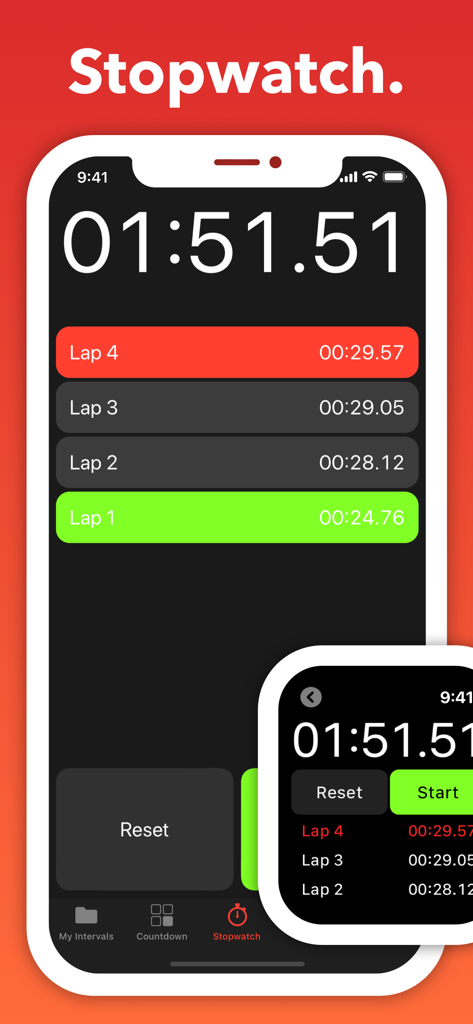 Stopwatch feature on Seconds Interval Timer app for iPhone and Apple Watch