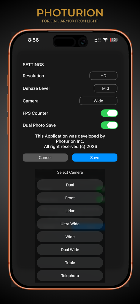 ClearView Pro - ClearView Pro settings menu showing dehazing levels and camera lens selection