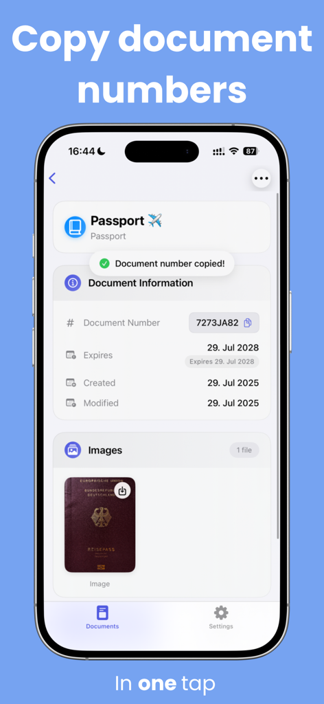 TravelDocs app interface showing passport document details and a copy number notification