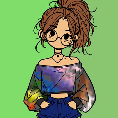 girl with a messy ponytail glasses a baggy crop top and jean shorts
