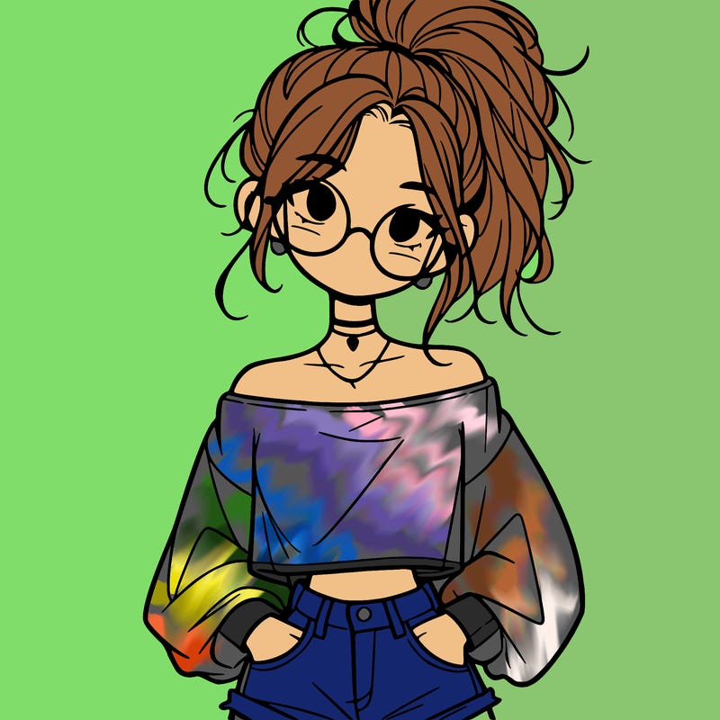 girl with a messy ponytail glasses a baggy crop top and jean shorts